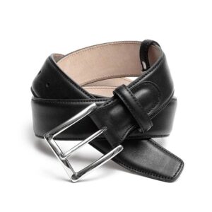 Leather belt with chrome buckle